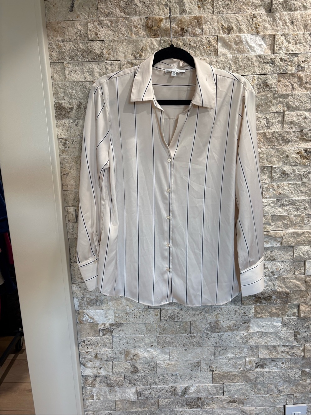 Ivory Button-Down Shirt with Thin Black Stripes feels like silk M